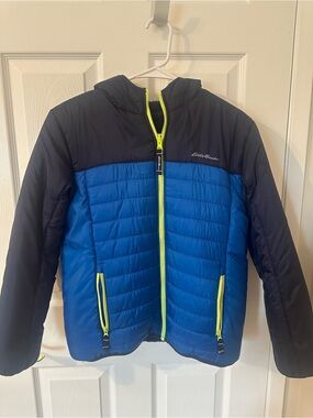 Eddie Bauer Blue and Navy Hooded Puffer with Neon Yellow Accents